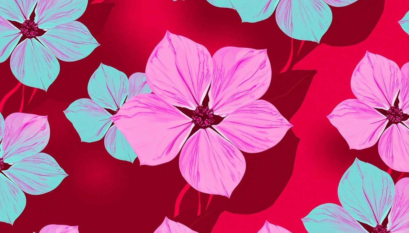 A high-contrast, silkscreen-style illustration of a dogwood flower repeated in a grid pattern, rendered in bright, neon-like colors against a dark background, capturing the pop art aesthetic and conceptual celebration of the festival.