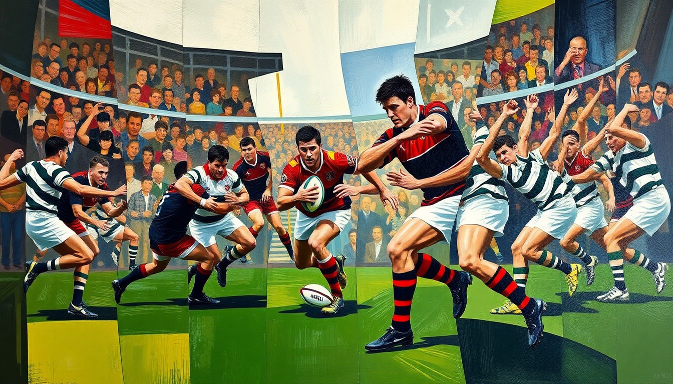 A cubist-style painting depicting a rugby match between the Bulls and Glasgow Warriors, with the players' movements and the intensity of the game captured through sharp, overlapping geometric planes in a fractured, multi-perspective composition.