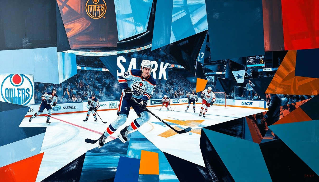 A fractured, multi-perspective painting depicting a hockey game between the Edmonton Oilers and San Jose Sharks. The painting uses sharp, overlapping geometric planes to capture the raw energy and intensity of the match, with Connor McDavid's dominant performance as the focal point.