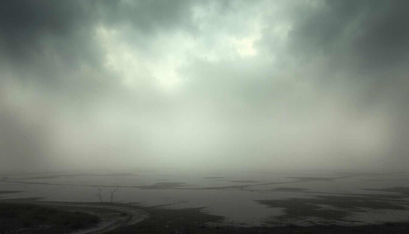 A moody, atmospheric landscape painting in the style of Caspar David Friedrich, depicting a storm water retention pond surrounded by a hazy, oppressive environment, conveying the sense of environmental crisis caused by the sewage spill.