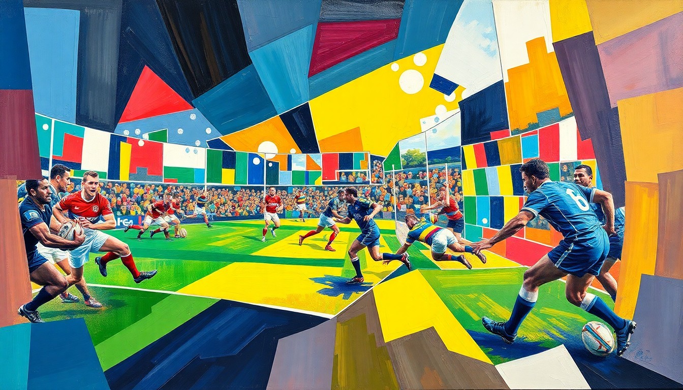 A fragmented, geometric painting depicting a rugby match or competition, with sharp, overlapping planes of color representing the teams and the dynamic nature of the sport.