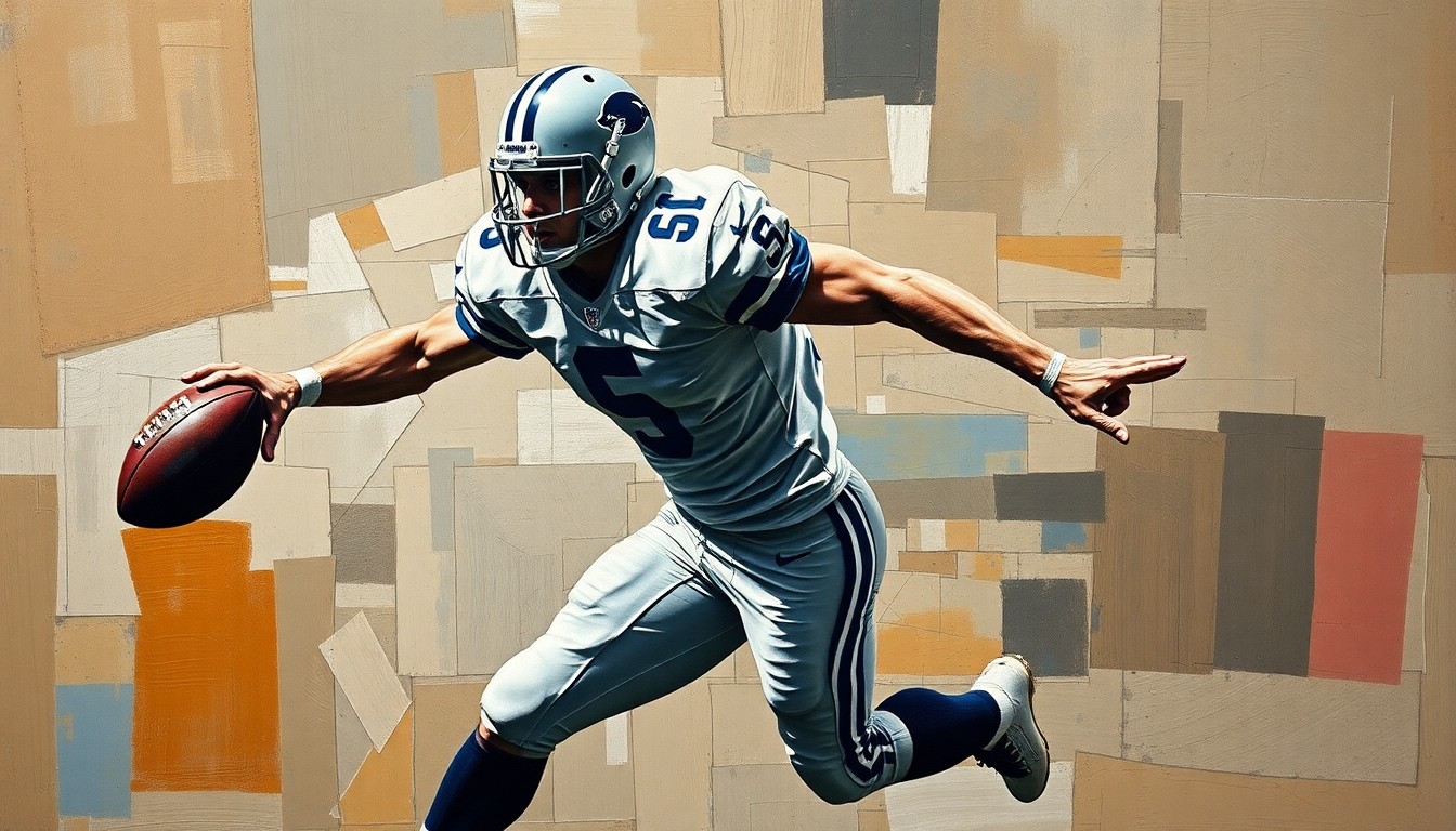 A fragmented, geometric painting depicting a football player in the act of rushing the quarterback, with their jersey number obscured and the background composed of earthy tones, conceptually representing the strategic depth and versatility the 49ers are seeking in their roster.
