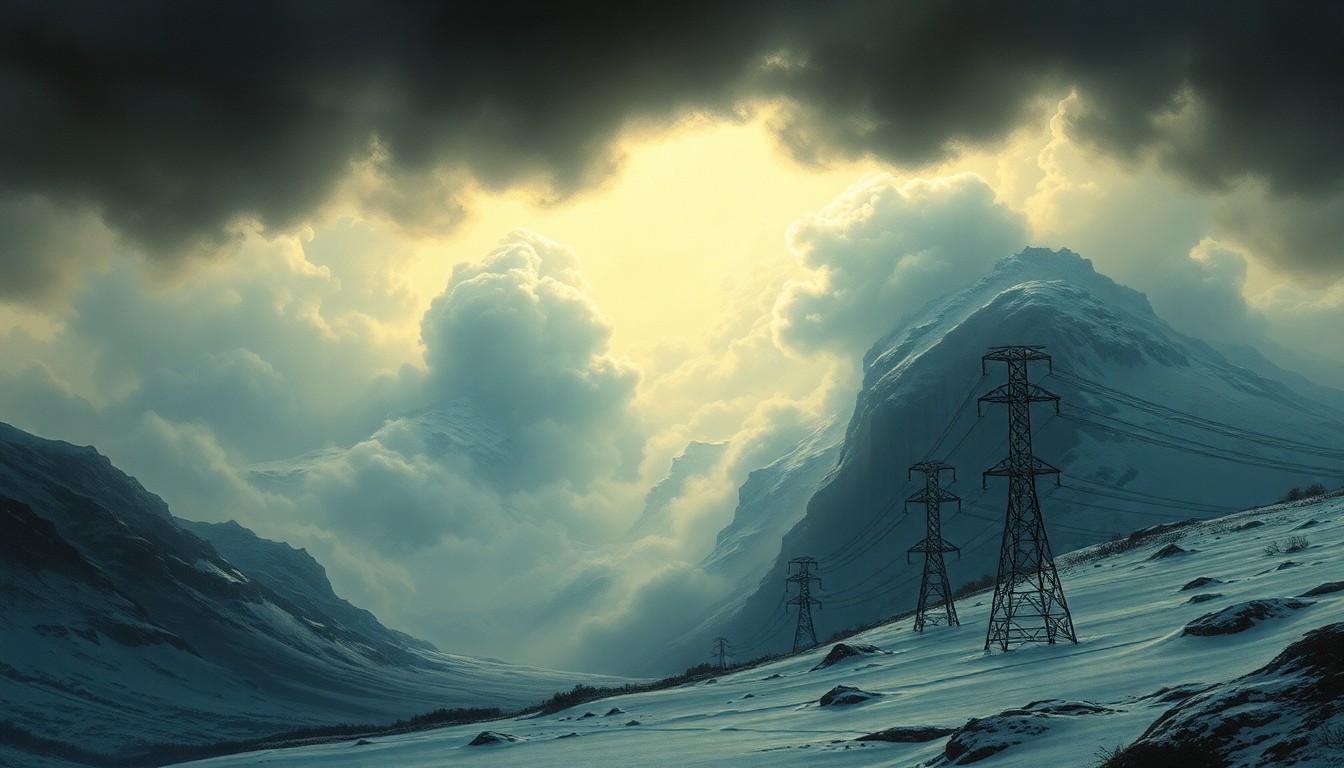 A vast, atmospheric landscape painting in muted tones, with a small town's power lines and structures barely visible in the distance, overwhelmed by the dramatic, sweeping scale of a raging storm or frozen tundra.