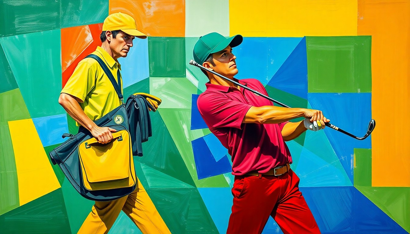 A fragmented, geometric painting depicting a golf caddie assisting a professional golfer, with sharp, overlapping planes of vibrant colors representing the unconventional career shift.