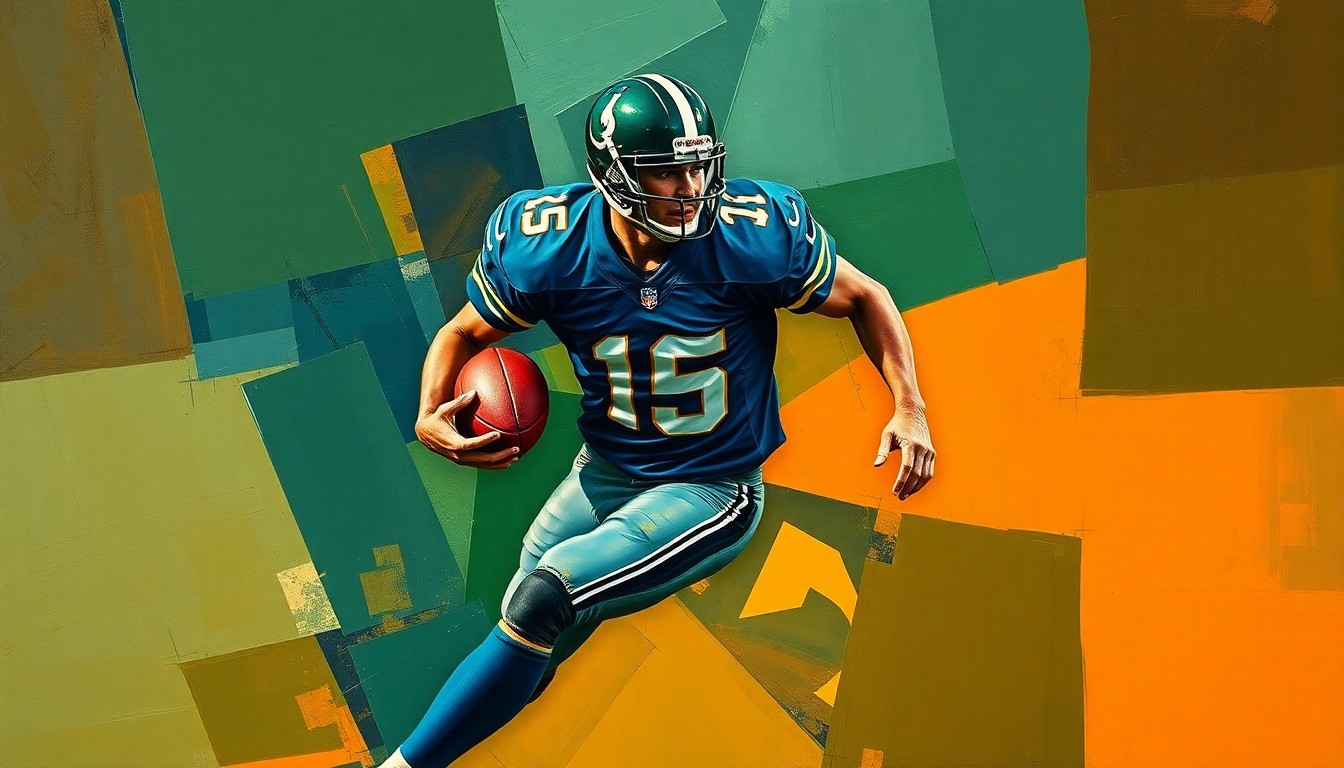 A cubist, geometric painting depicting a football player in mid-motion, broken down into overlapping planes of navy, green, and orange, conveying the fractured and complex nature of the NFL's response to domestic violence cases.