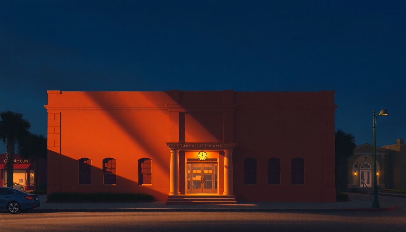 A photorealistic painting of Gulfport City Hall, a stately government building with a classical architectural style, bathed in warm, golden sunlight that casts deep shadows across the facade, creating a sense of quiet contemplation and civic pride.