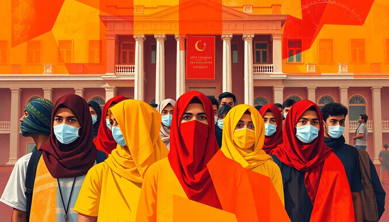 A vibrant, fractured painting of overlapping geometric shapes in shades of red, orange, and yellow, depicting the chaotic scene of students occupying a university building, conceptually representing the tensions between campus authorities and political dissent.