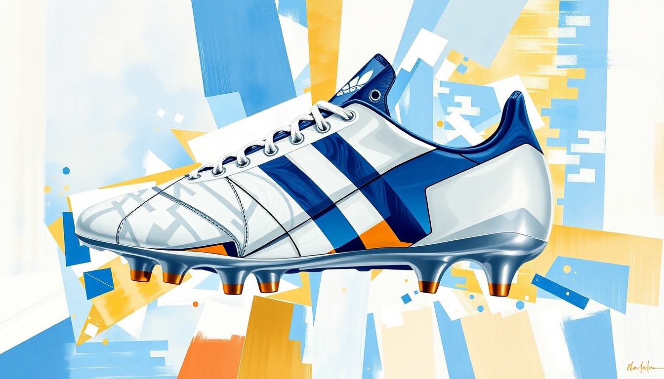 A fragmented, geometric painting depicting the adidas F50 Tunit Messi boot in a cubist style, with sharp, overlapping planes of white, blue, and gold, capturing the boot's iconic design and its significance in the career of Lionel Messi.