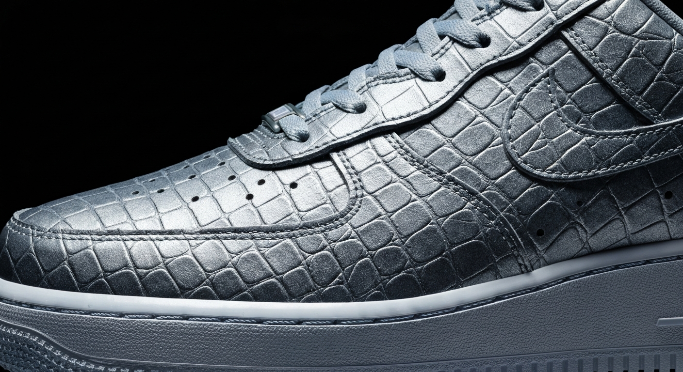 An extreme close-up of the textured, croc-embossed leather upper of a Nike Air Force 1 sneaker, showcasing the intricate pattern and premium materials used in the design.