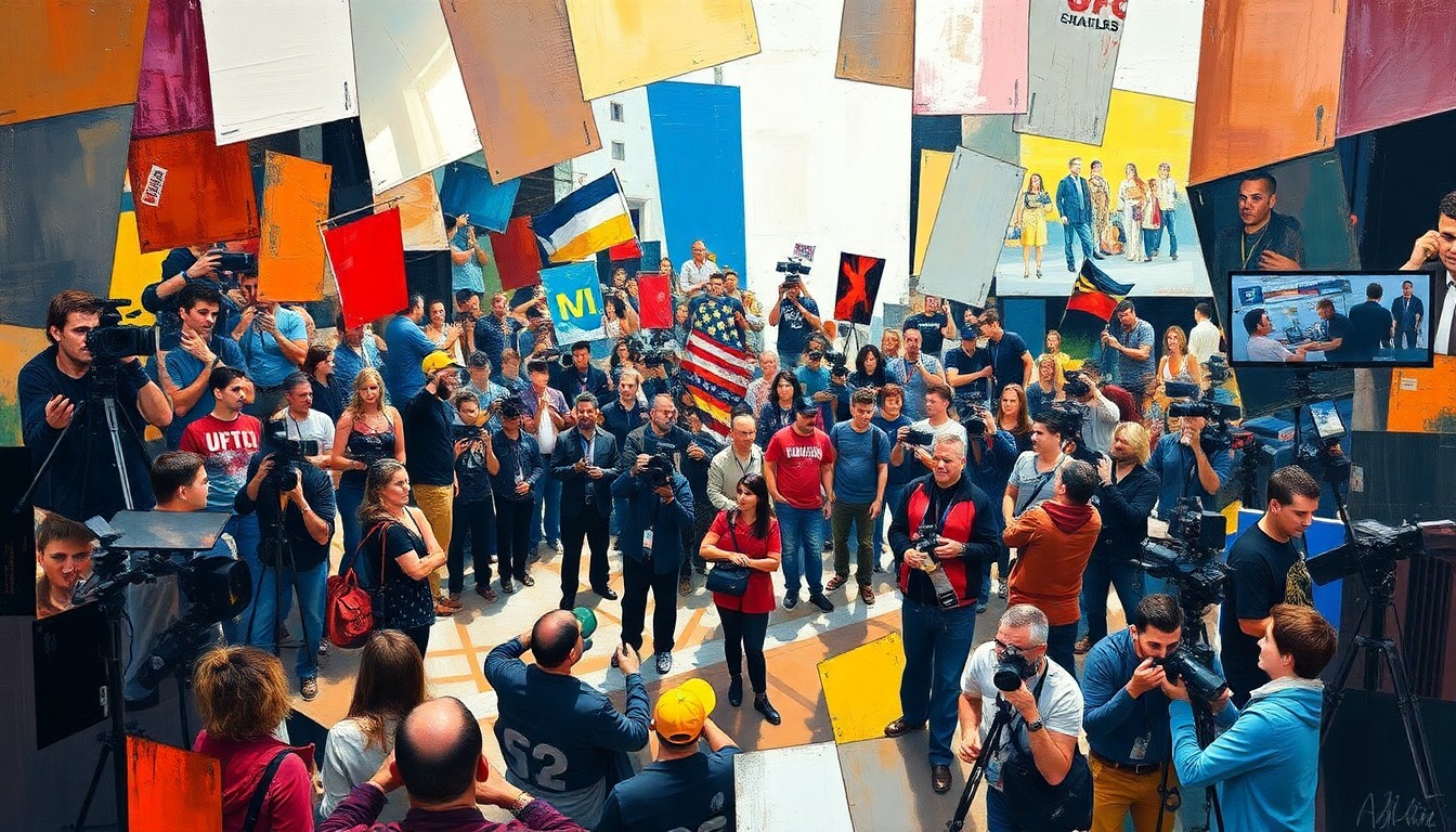 A cubist, geometric painting depicting the chaotic energy and overlapping perspectives of the UFC 327 media day, with no recognizable faces or logos, only sharp, fragmented shapes and planes of color.