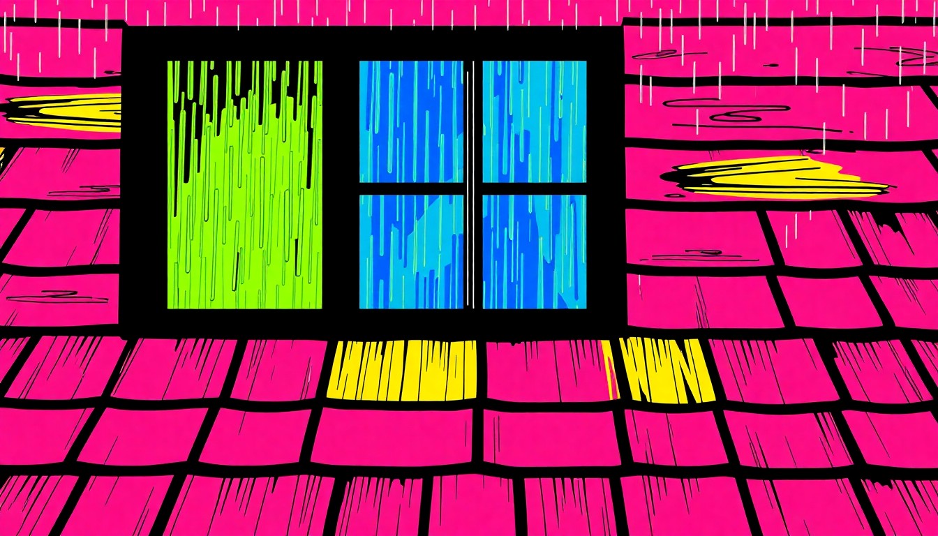 A vibrant, high-contrast silkscreen print depicting a repeated pattern of a rain-streaked wooden roof tile, conceptually representing the sensory experience of the 'Sound of Rain' design.