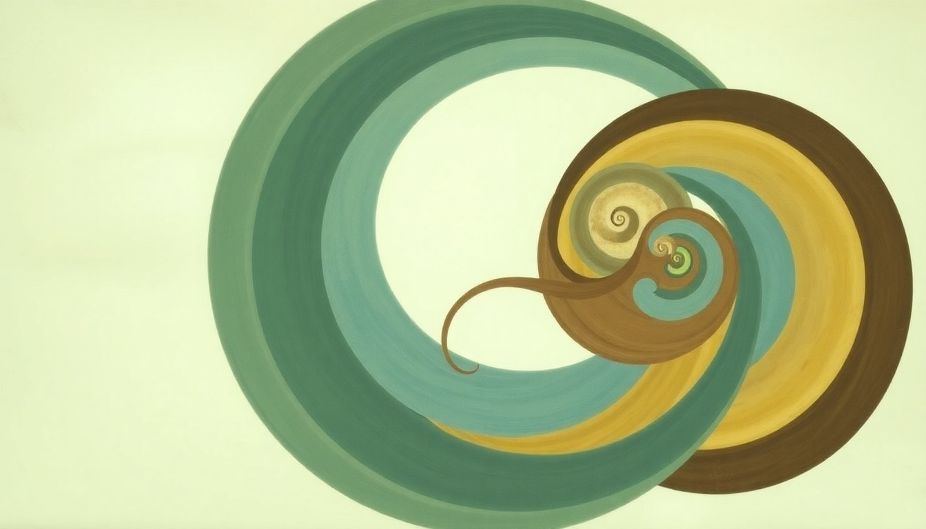 An abstract, highly structured painting in muted earth tones, featuring sweeping geometric arcs, concentric circles, and precise botanical spirals, visually representing the complex evolutionary relationships between ancient marine creatures.