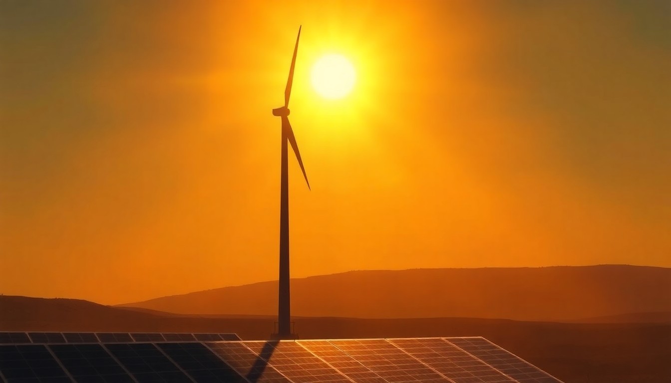 A serene, painterly image of a lone wind turbine or solar panel standing tall against a backdrop of warm, golden light and deep shadows, evoking the complex emotions and ideological divides shaping the country's energy transition.