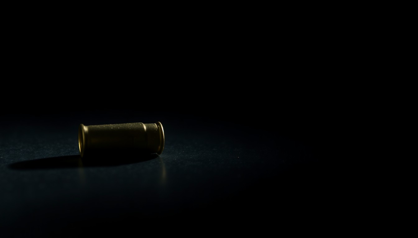 An extreme close-up photograph of a single spent bullet casing on a dark, shadowy surface, lit by a harsh, direct camera flash, conceptually representing the violence and aftermath of a deadly law enforcement encounter.