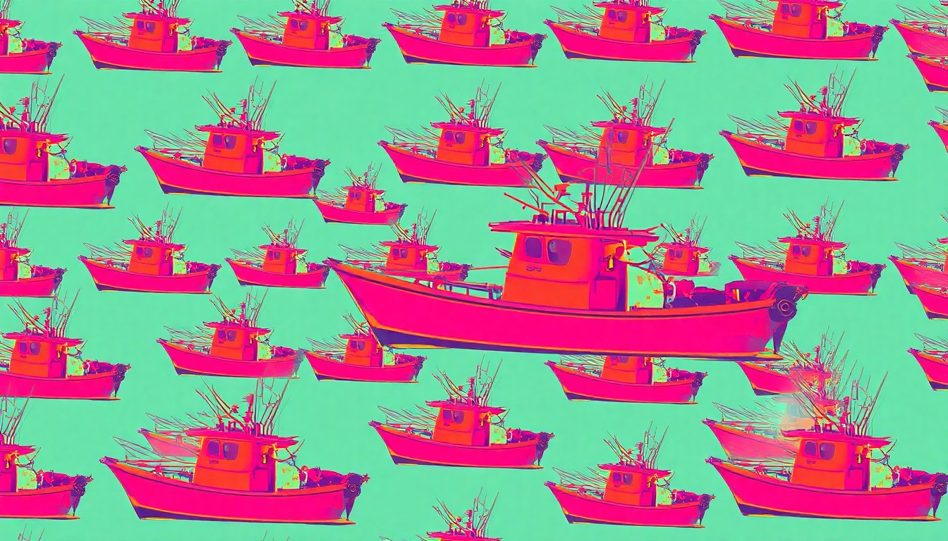 A brightly colored, high-contrast silkscreen print featuring multiple images of a fishing boat in a grid pattern, using flat, vibrant neon colors and heavy black outlines to create a modern pop art representation of the everyday fishing vessel.