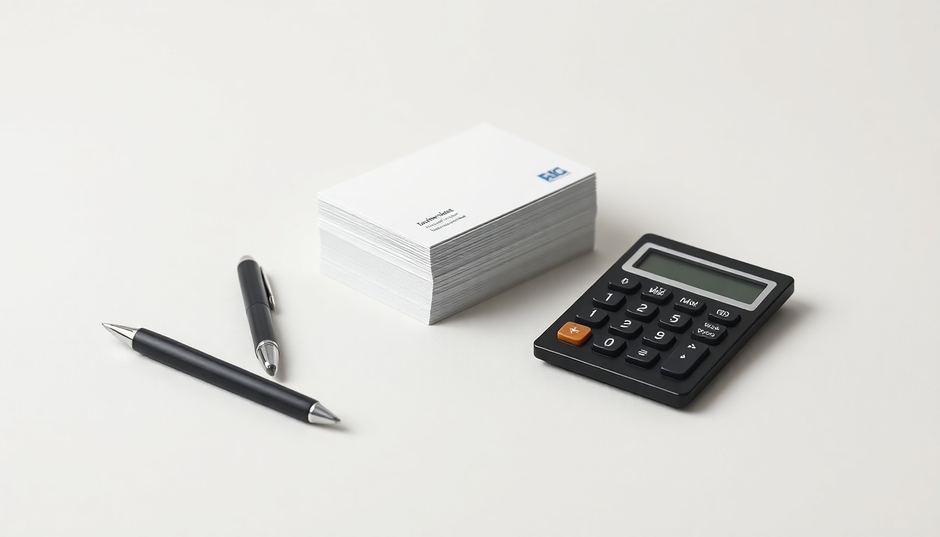 A photorealistic studio still life featuring a stack of business cards, a pen, and a calculator on a clean, monochromatic background, symbolizing the abstract corporate strategy and institutional gatekeeping discussed in the story.