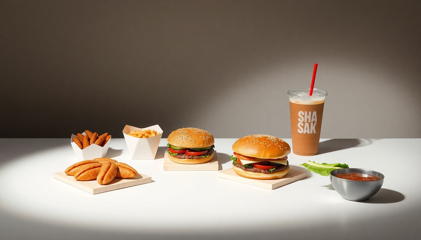 A photorealistic studio still life featuring a selection of Shake Shack's new Korean Style menu items, including a burger, chicken sandwich, fries, and shake, arranged on a clean, monochromatic background with dramatic lighting and shadows to highlight the premium quality and bold flavors of the offerings.
