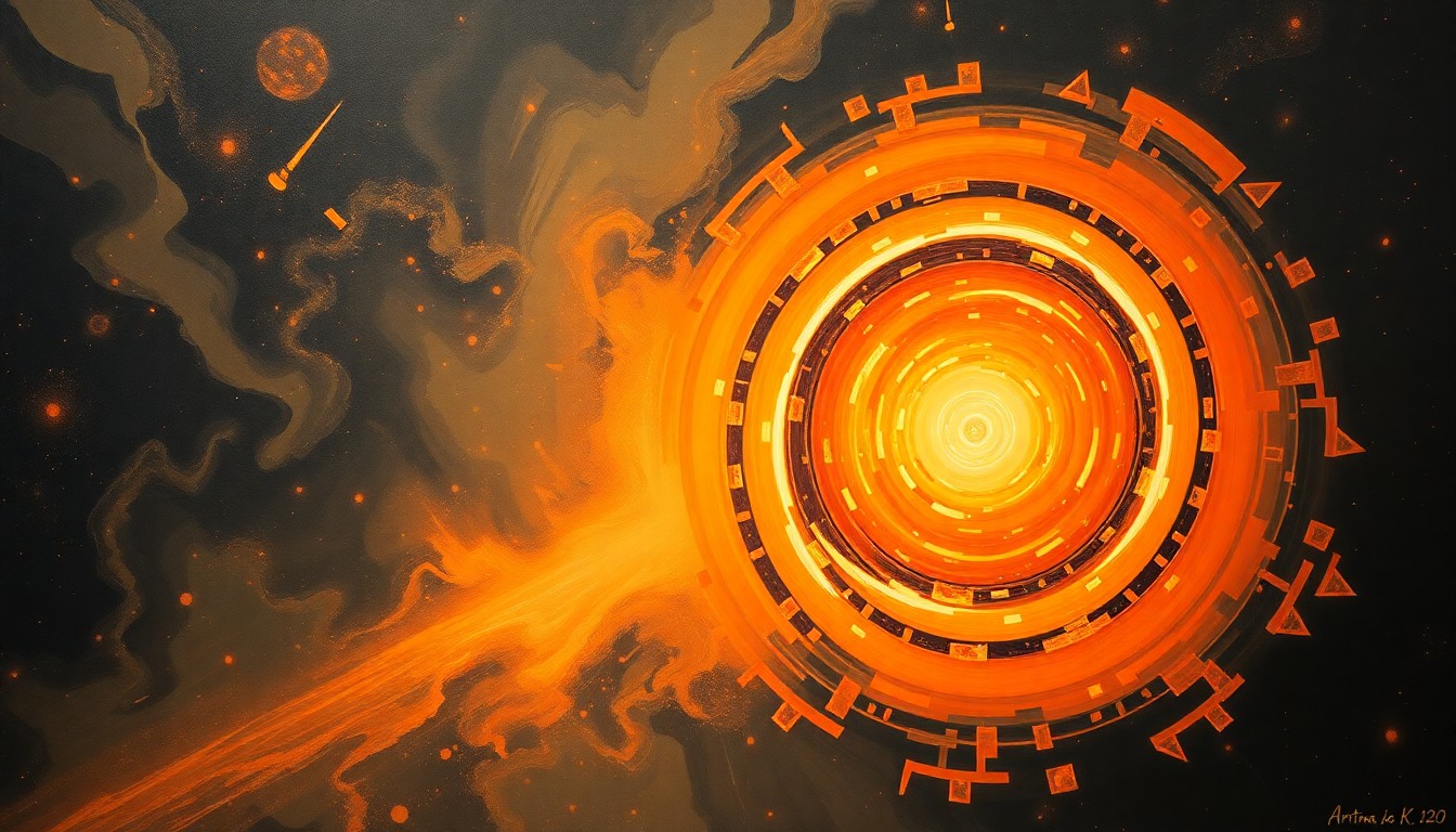 A bold, abstract painting in soft blues, greens, and oranges, featuring sweeping geometric arcs, concentric circles, and precise spirals, conceptually representing the complex forces and dynamics of the Artemis II capsule's reentry through Earth's atmosphere.