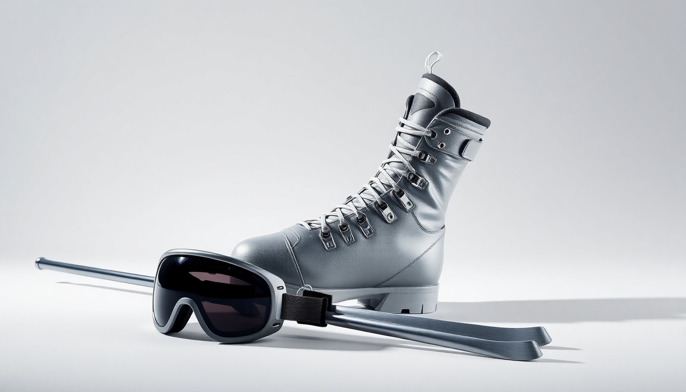 A photorealistic studio still life featuring a polished metal ski pole, a sleek ski boot, and a pair of ski goggles arranged elegantly on a clean, monochromatic background, conceptually representing the premium, high-end nature of the ski resort industry.