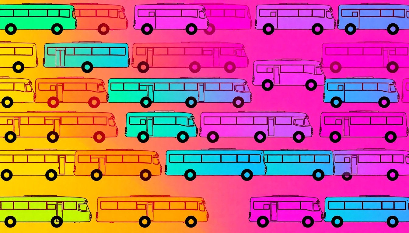 A vibrant, high-contrast silkscreen-style illustration featuring a repeated icon of a city bus in a grid pattern, using bold neon colors and heavy black outlines to capture the essence of public transportation in a stylized, artistic manner.