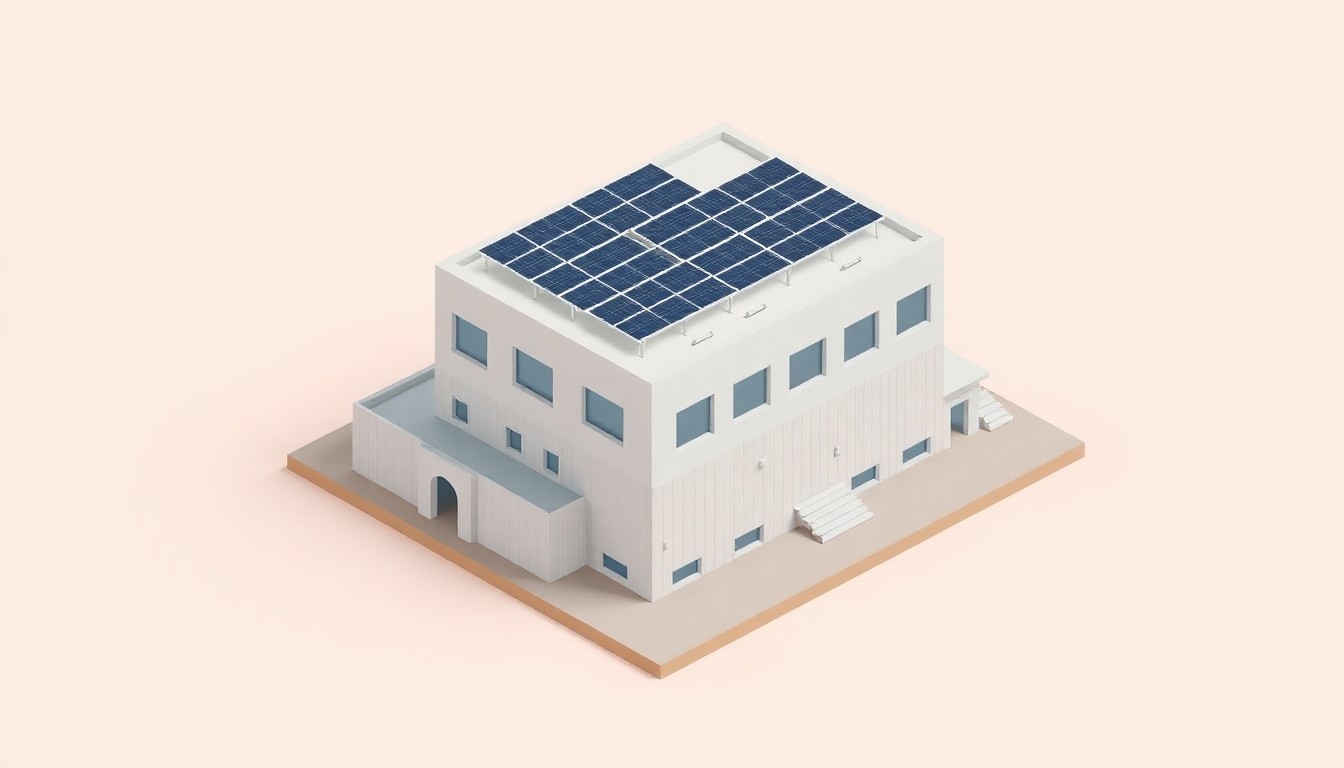 A highly stylized, isometric 3D digital illustration depicting a miniature manufacturing facility with a large rooftop solar array, representing Graphic Village's commitment to renewable energy and cost savings.