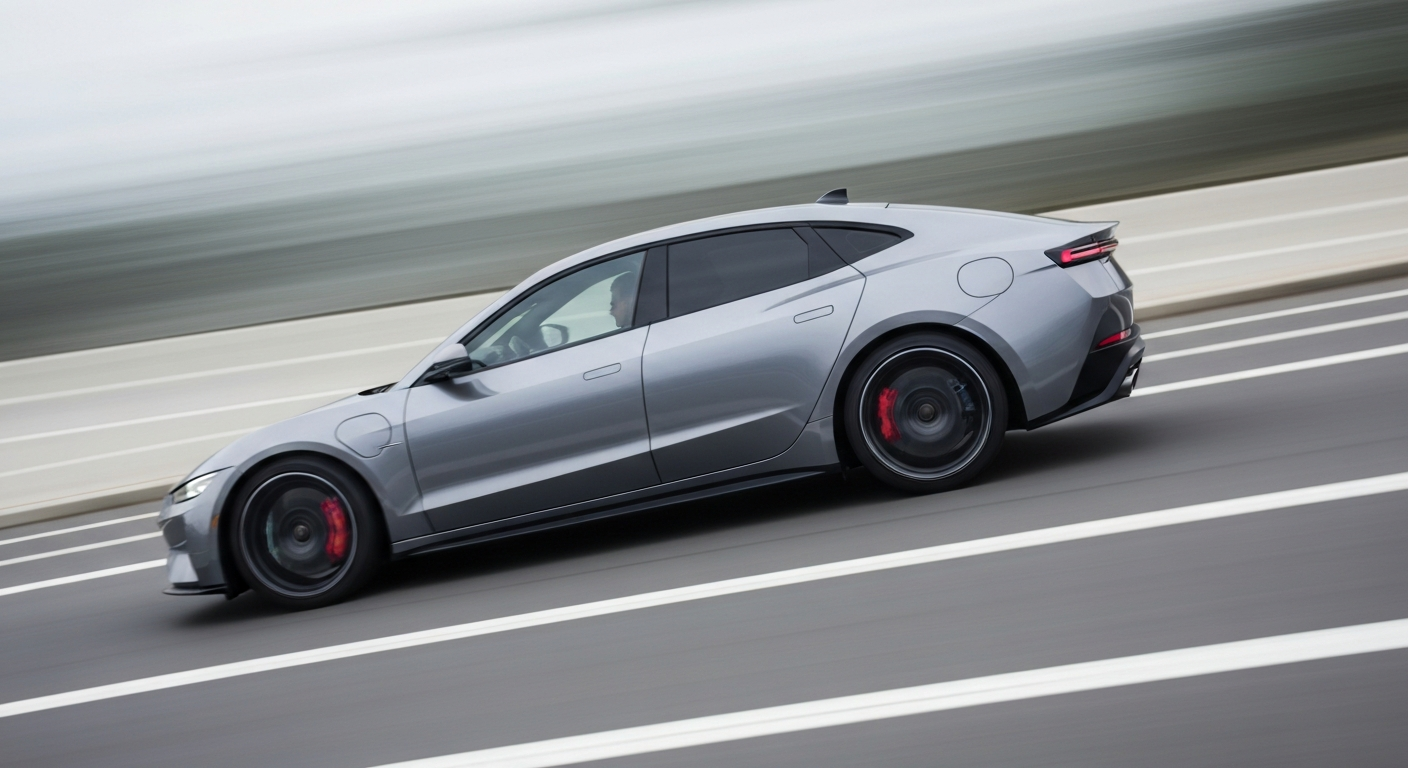 An abstract, blurred image of a fast-moving electric vehicle, with vibrant streaks of color and a sense of speed and modern engineering.