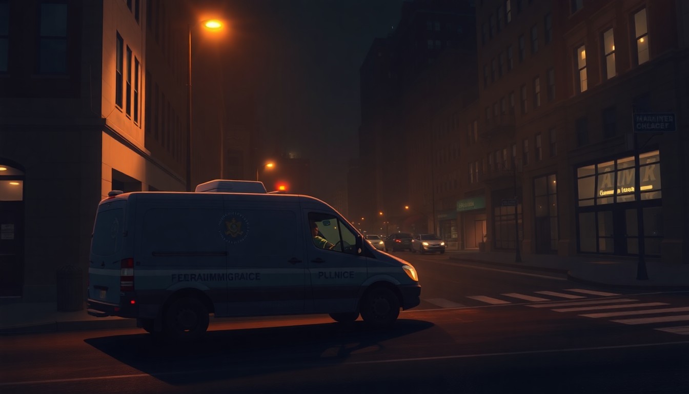 A moody, realistic painting depicting a lone federal immigration enforcement vehicle parked on a shadowy urban street, capturing the somber mood and uncertain future surrounding the agency's presence in the state.