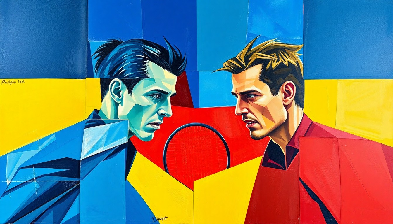 A cubist, geometric painting depicting a tennis match in fragmented, overlapping planes of vibrant blue, red, and yellow, conveying the unpredictable and intense nature of the sport.