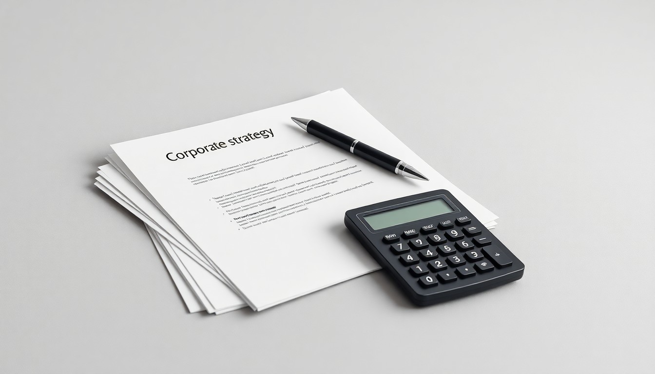 A minimalist studio still life featuring a stack of legal documents, a pen, and a calculator arranged on a clean, monochromatic background, conceptually representing the abstract corporate strategy and finance behind a controversial legal coaching service.