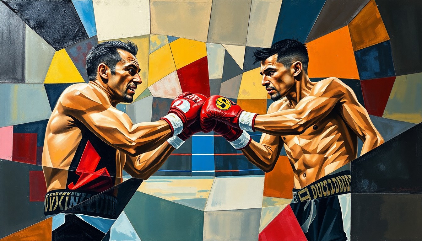 A cubist-style painting depicting the Dubois vs. Harper boxing match broken down into sharp, overlapping geometric shapes and planes, capturing the dynamic tension and energy of the fight.