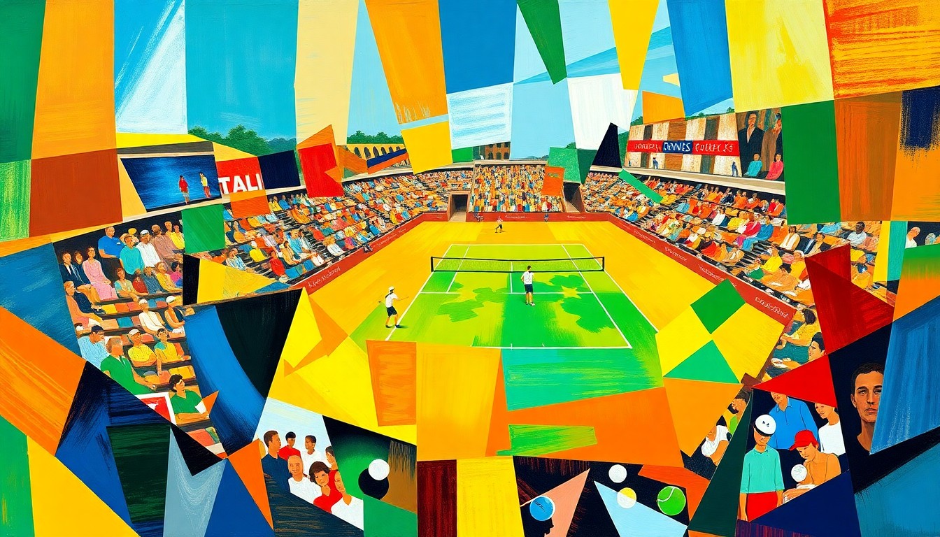 A cubist, geometric painting depicting a tennis match or competition, with sharp, overlapping planes of color representing the dynamic movement and energy of the sport.