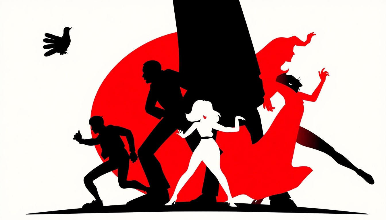 An abstract, minimalist illustration featuring sharp, geometric shapes and bold silhouettes in high-contrast colors, conceptually representing the fluid, dynamic movement of animated characters.