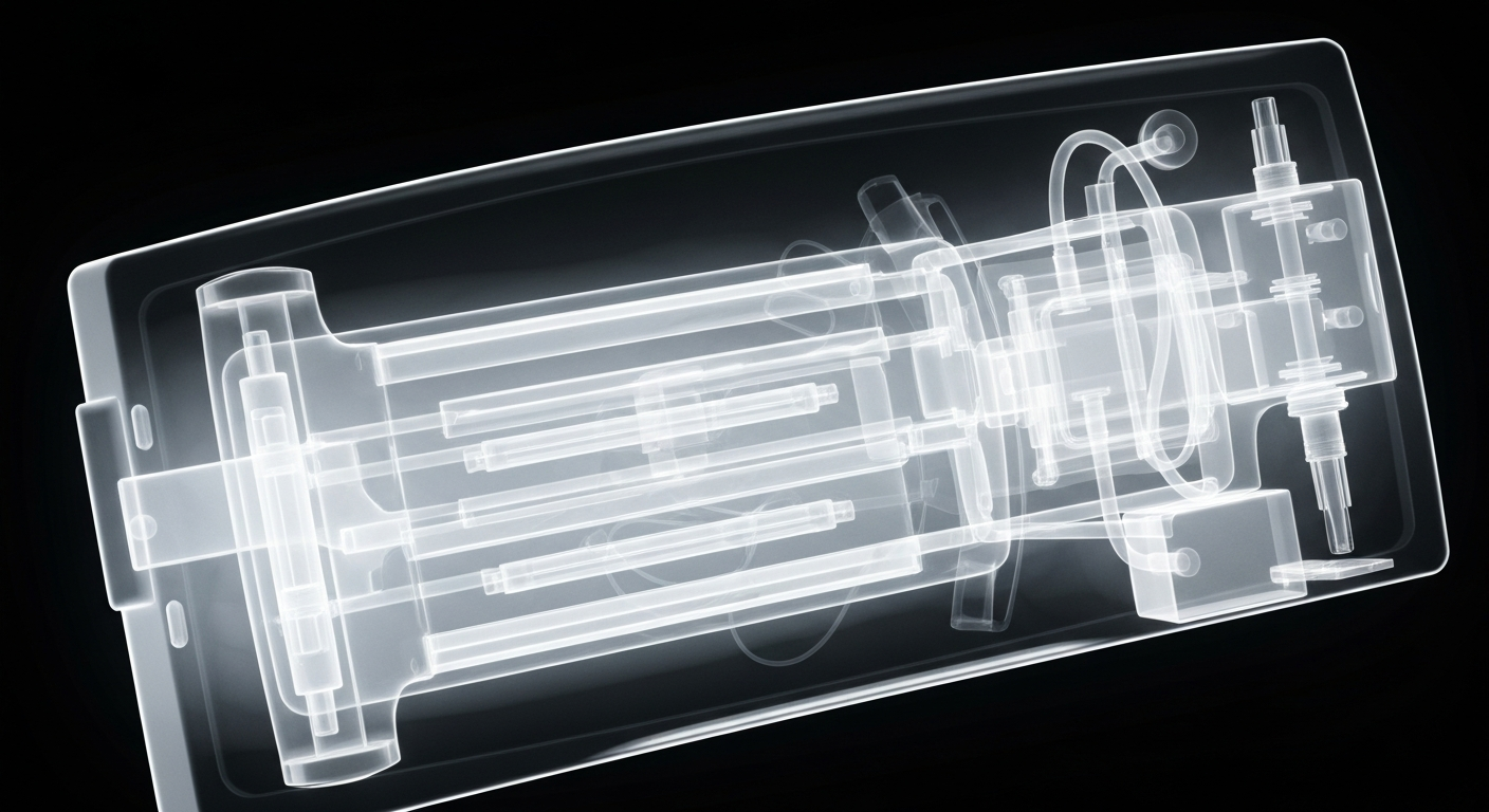 A ghostly, translucent X-ray photograph revealing the intricate internal components of a medical diagnostic device, highlighting its essential function in guiding effective treatment.