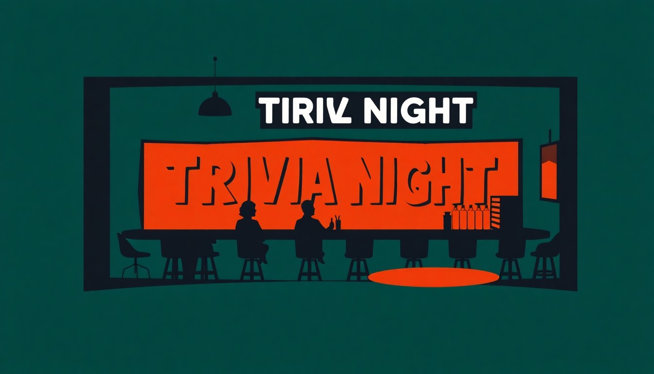 An abstract, minimalist illustration featuring bold, geometric shapes in high-contrast colors, conceptually representing the idea of a trivia night at a beloved TV bar.