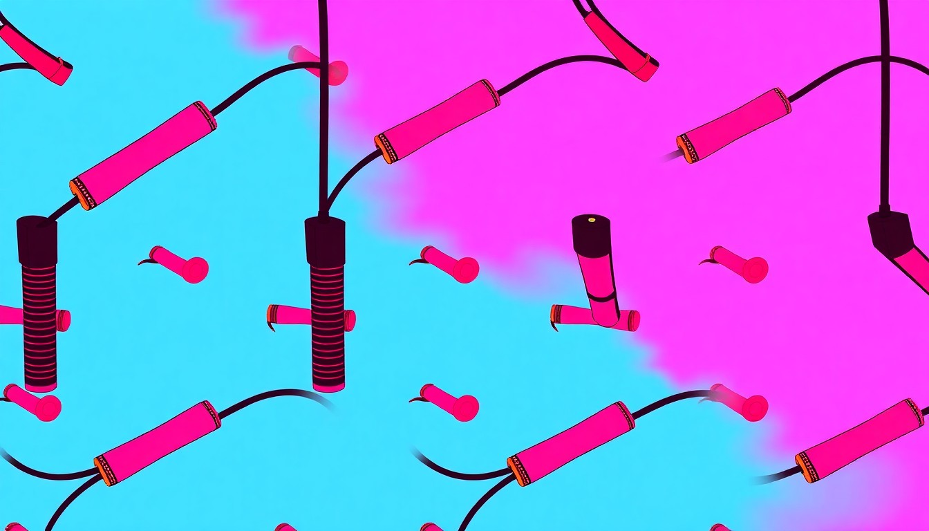 A brightly colored, high-contrast silkscreen print of a jump rope repeated in a tight grid pattern, in the style of Andy Warhol. The image utilizes flat, vibrant, and unnatural neon color palettes overlapping with heavy black photographic outlines to turn the everyday fitness object into modern pop art.