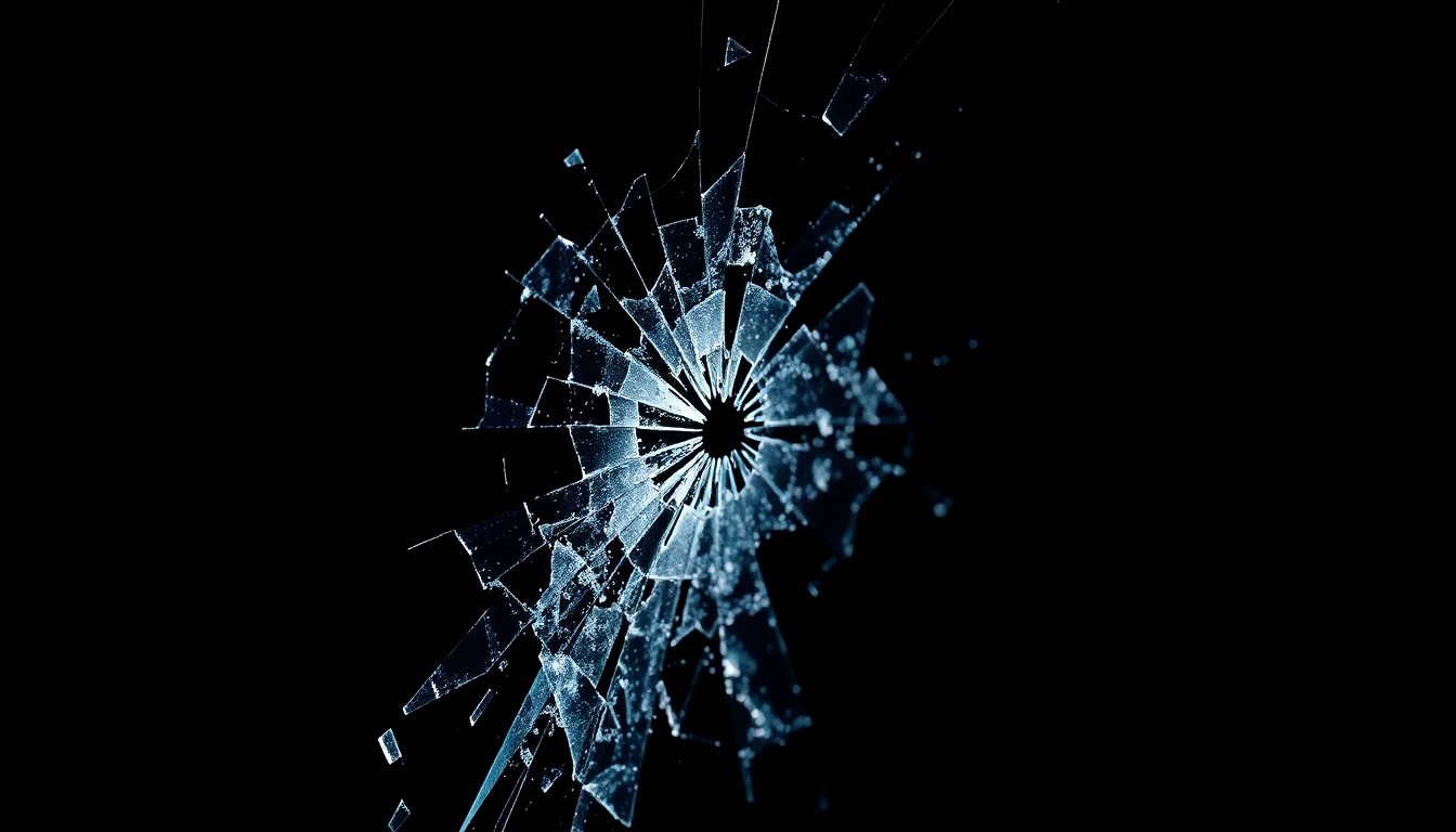An extreme close-up of shattered glass reflecting a harsh, direct flash of light, conceptually representing the violence and disruption of the attack on the judge and his wife.