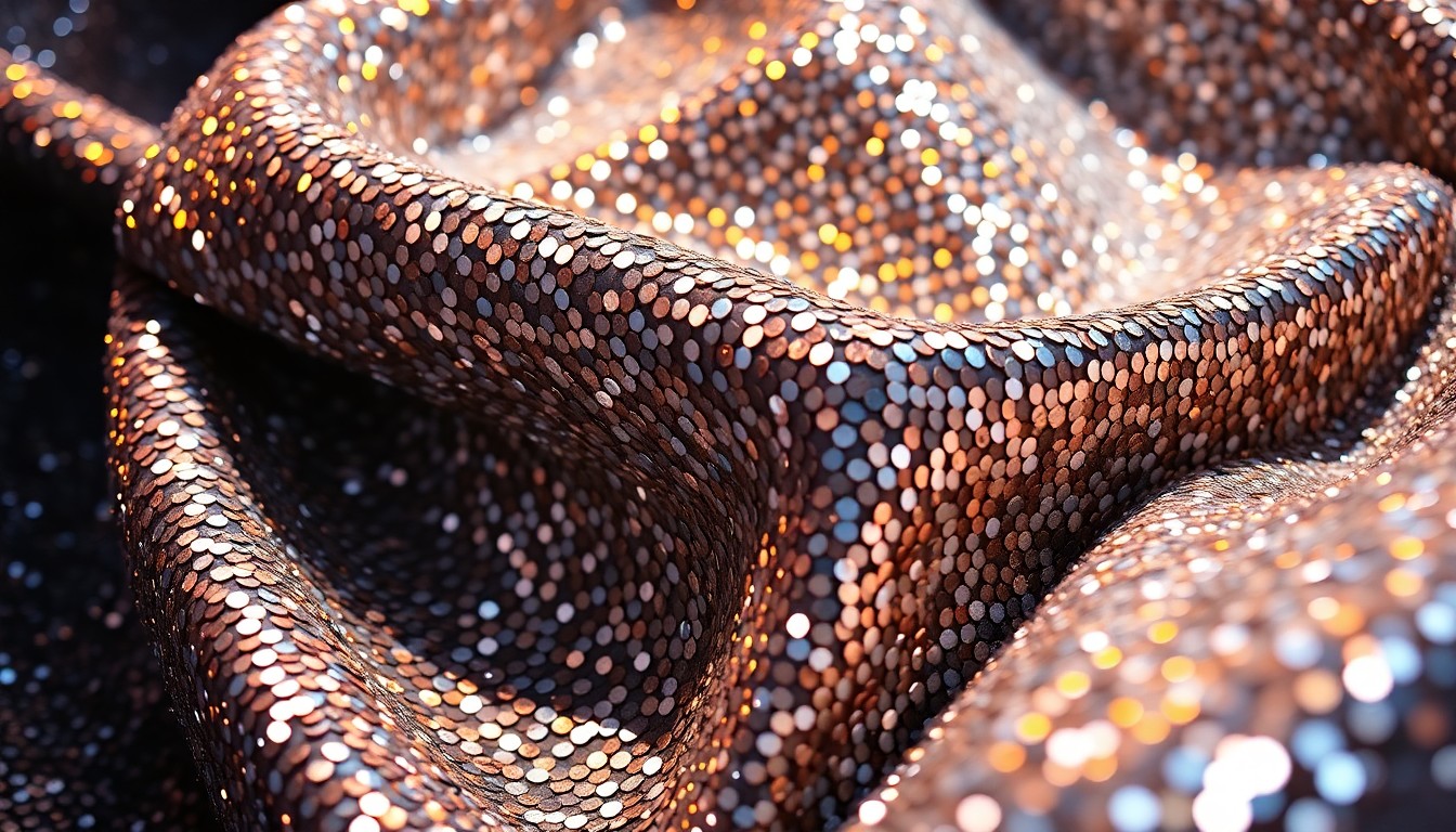 An extreme close-up of shimmering, textured sequins in metallic silver and gold, capturing the glitz and energy of a rock music performance.