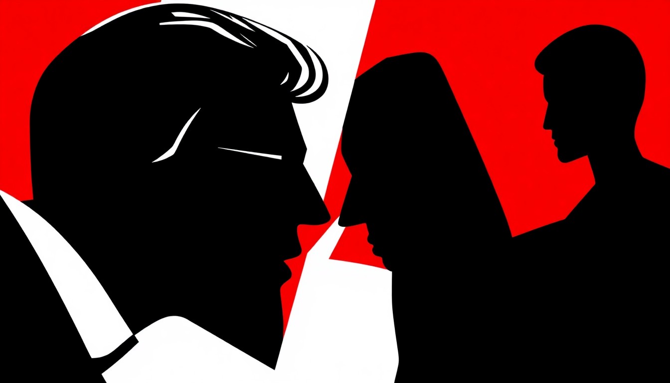 An abstract, minimalist composition featuring stark black silhouettes and geometric shapes in vibrant red and white, conceptually representing the clash between two creative brands over a shared trademark.