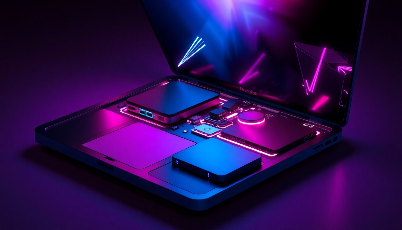 A highly detailed, glowing 3D illustration of the internal components of a laptop, with neon cyan and magenta lights illuminating the modular design elements like the USB-C ports, speakers, and battery, conceptually representing the repairability features of the MacBook Neo.