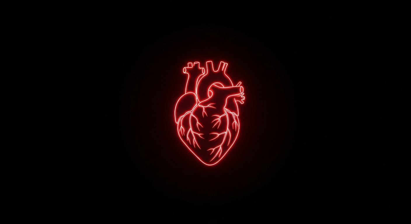 A vibrant, neon outline of an elderly person's heart glowing against a dark background, conceptually representing the cardiovascular impacts of RSV infection on senior populations.