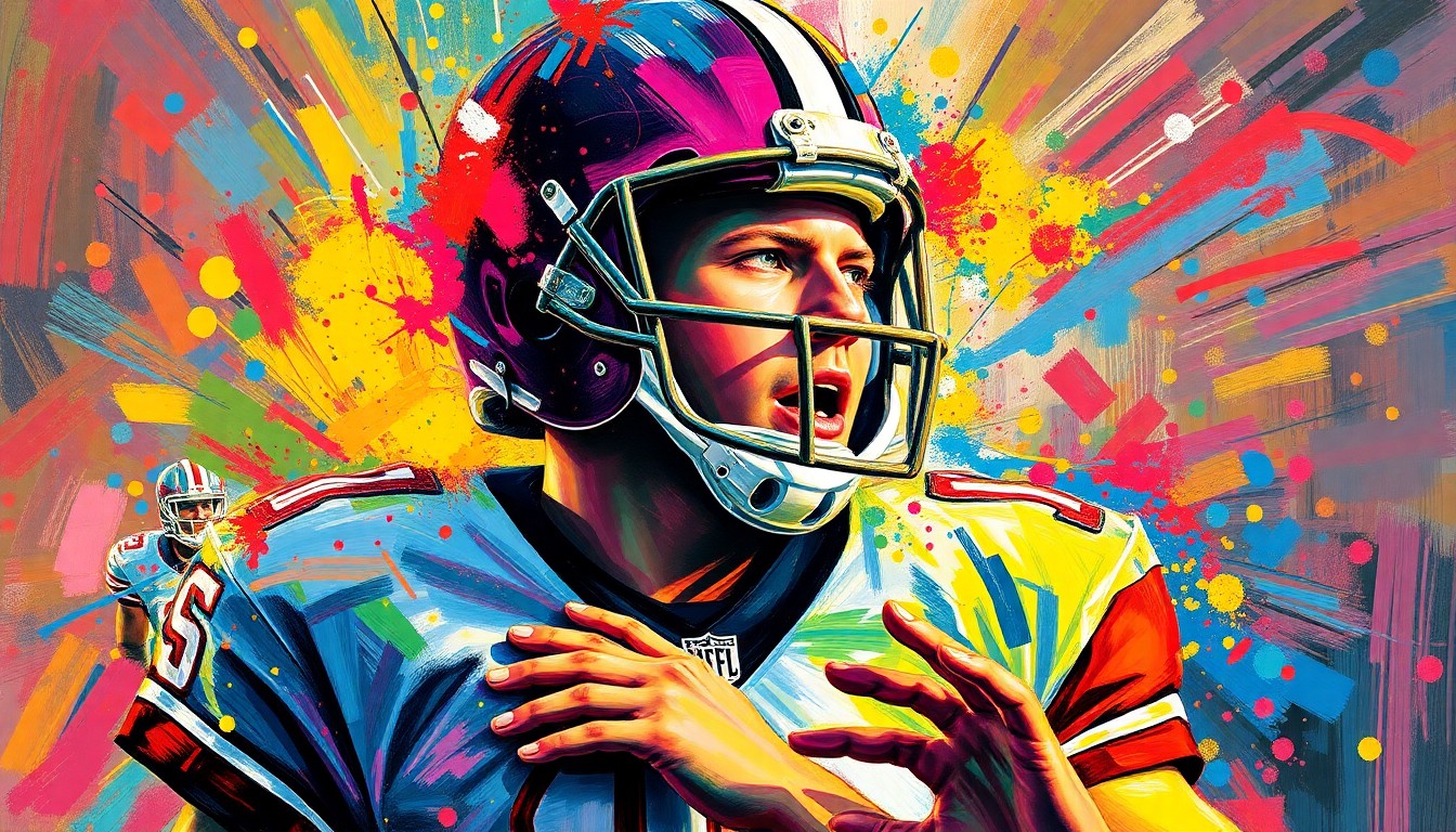 An abstract, expressionist painting featuring bold, neon-colored brushstrokes that capture the dynamic movement and raw energy of a football player in action, with the player's features and uniform dissolving into a vibrant, textured composition.