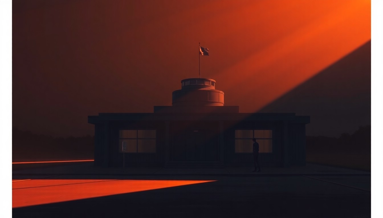 A serene, cinematic painting of a government building or disaster response center, with warm sunlight and deep shadows creating a contemplative mood, conceptually representing the shifting dynamics of disaster management.