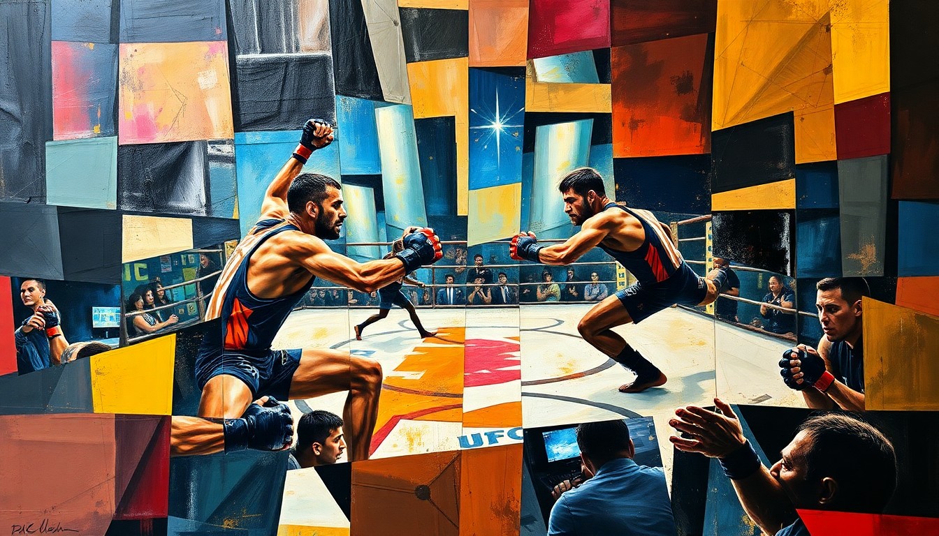 A cubist, geometric painting depicting a fragmented UFC fight scene, with sharp, overlapping planes of color and form capturing the dynamic energy of the sport.