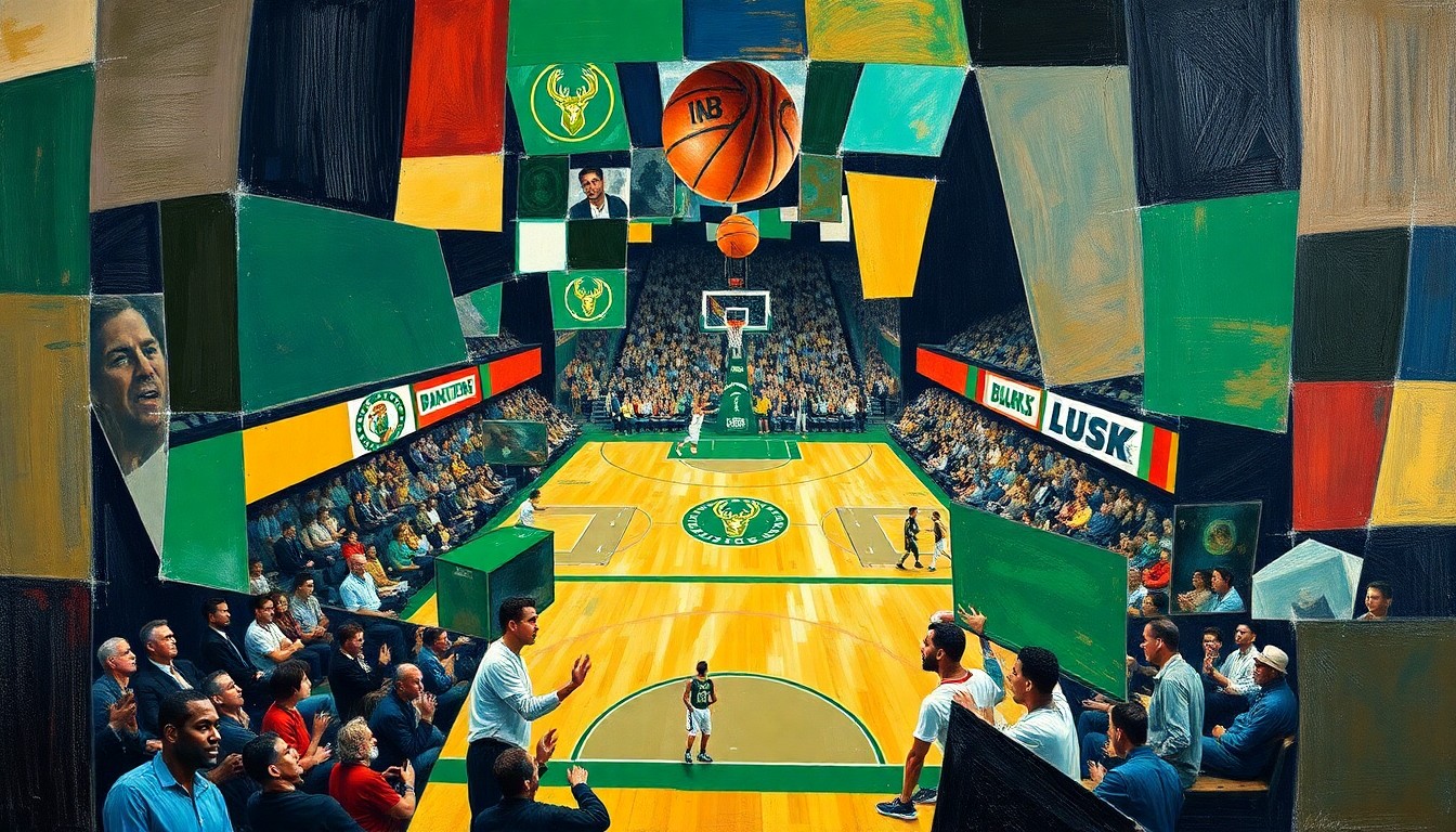 A fragmented, geometric painting depicting a basketball game, with overlapping shapes and planes representing the players and their movements on the court.