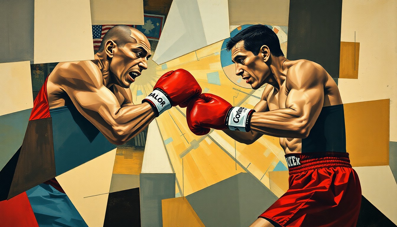 A cubist-style painting depicting a boxing match broken down into sharp, overlapping geometric shapes and planes, capturing the raw energy and movement of the sport.