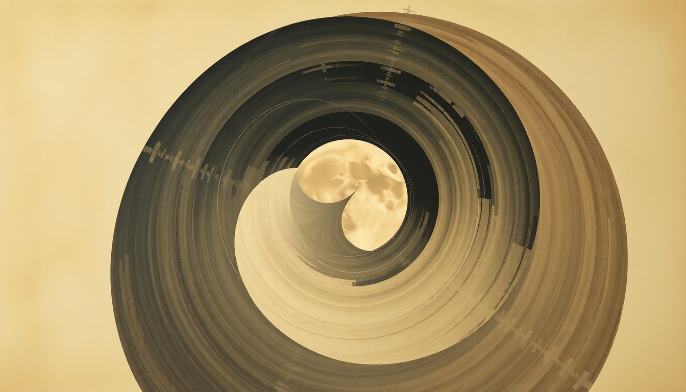 A highly structured abstract painting in soft, earthy tones featuring sweeping geometric arcs, concentric planetary circles, and precise botanical spirals, conceptually representing the complex systems and scientific forces involved in the Artemis 2 moon mission.