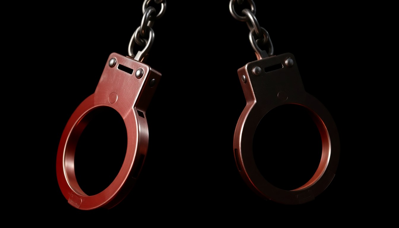 An extreme close-up of a pair of handcuffs against a stark black background, creating a gritty, investigative aesthetic that conceptually represents the focus on criminal offenders in immigration enforcement.