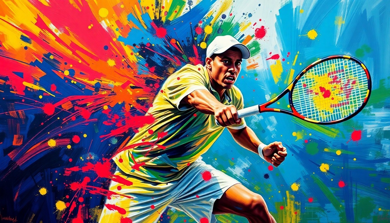 An abstract, energetic painting in neon colors capturing the raw movement and intensity of a tennis match, with the figure of a player dissolving into vibrant brushstrokes.