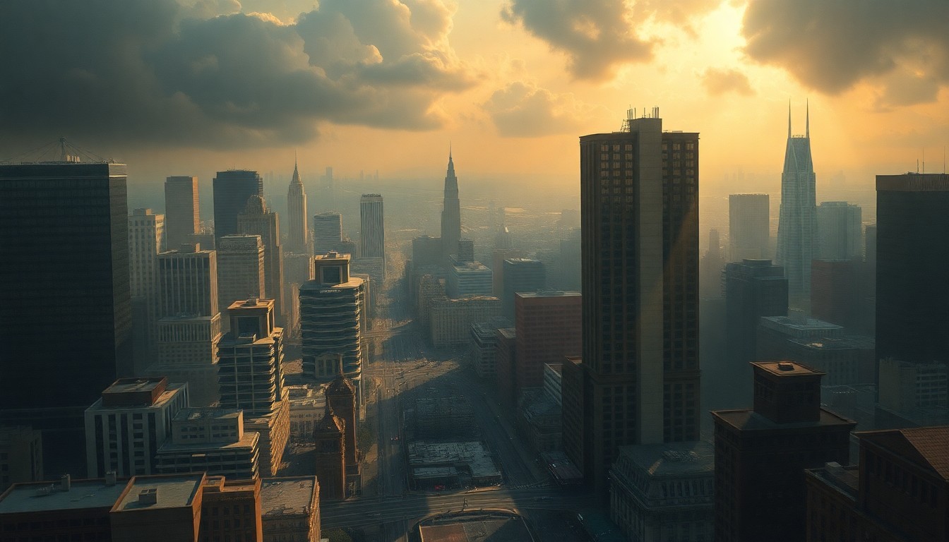 A sweeping, atmospheric landscape painting depicting a bustling city street, with a proposed condo development barely visible in the distance, dwarfed by the surrounding urban infrastructure and environment.