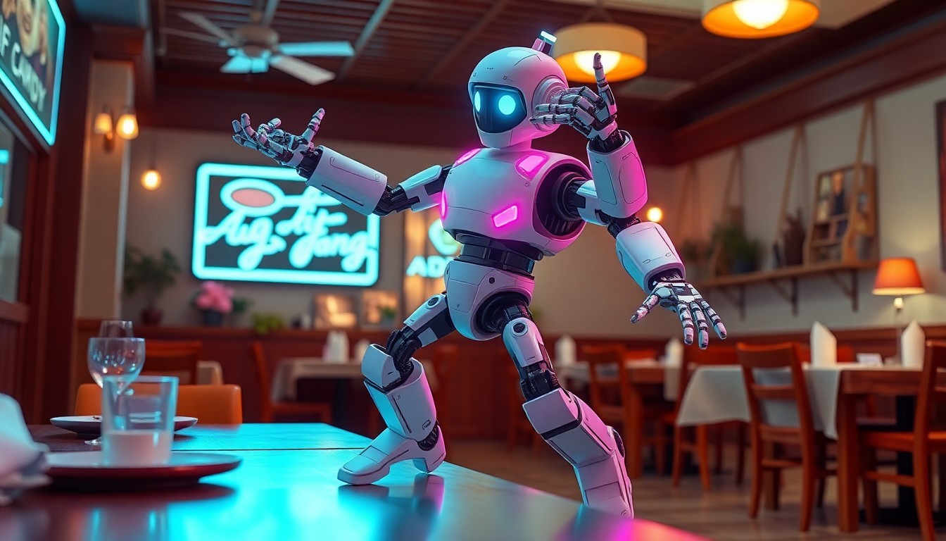 A highly detailed 3D illustration of a glowing, neon-lit robot waiter dancing erratically in a family restaurant setting, capturing the chaos and unpredictability of a viral incident that challenged assumptions about the role of technology in everyday life.